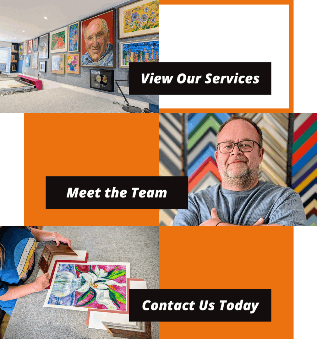 Colorful office space with portraits and promotional banners.
