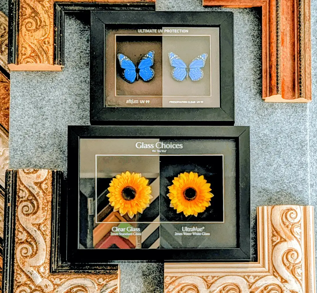Blue butterflies and sunflowers framed display